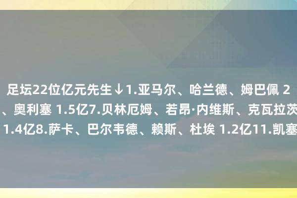 足坛22位亿元先生↓1.亚马尔、哈兰德、姆巴佩 2亿4.佩德里、维尼修斯、奥利塞 1.5亿7.贝林厄姆、若昂·内维斯、克瓦拉茨赫利亚、维蒂尼亚 1.4亿8.萨卡、巴尔韦德、赖斯、杜埃 1.2亿11.凯塞多、维尔茨、帕尔默 1.1亿16.费尔明、索博斯洛伊、伊萨克、登贝莱、穆西亚拉 1亿    体育集锦